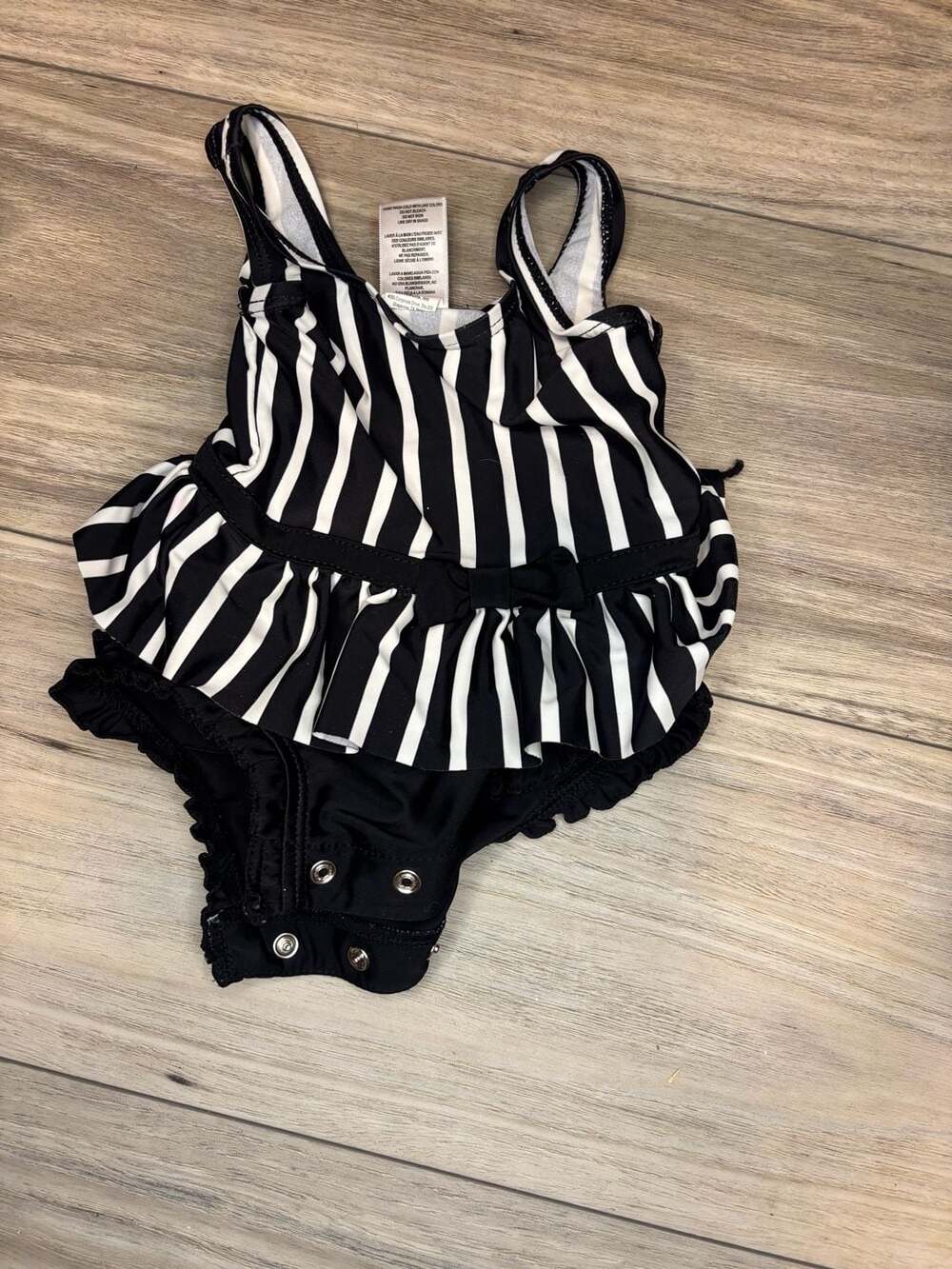 RuffleButts Black and White Striped Ruffle Swimsuit Size 0-3m